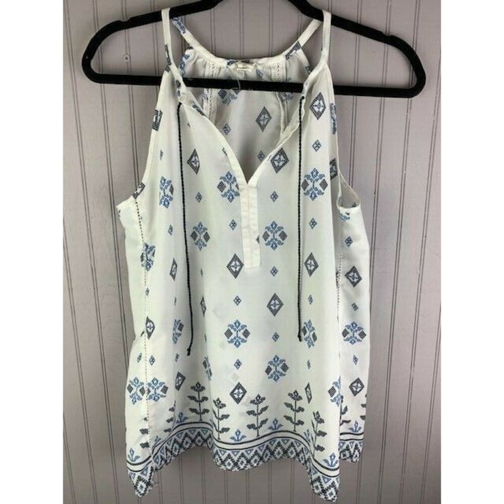 Artisanny Womens Size Small Top Sleeveless Tie Front Blue White V Neck